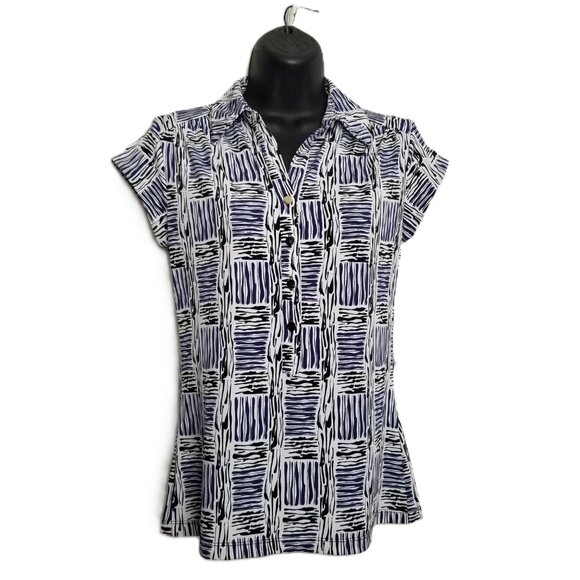 Alfani Abstract Print Blouse Size Small Navy White Short Sleeve Contemporary - Picture 1 of 7